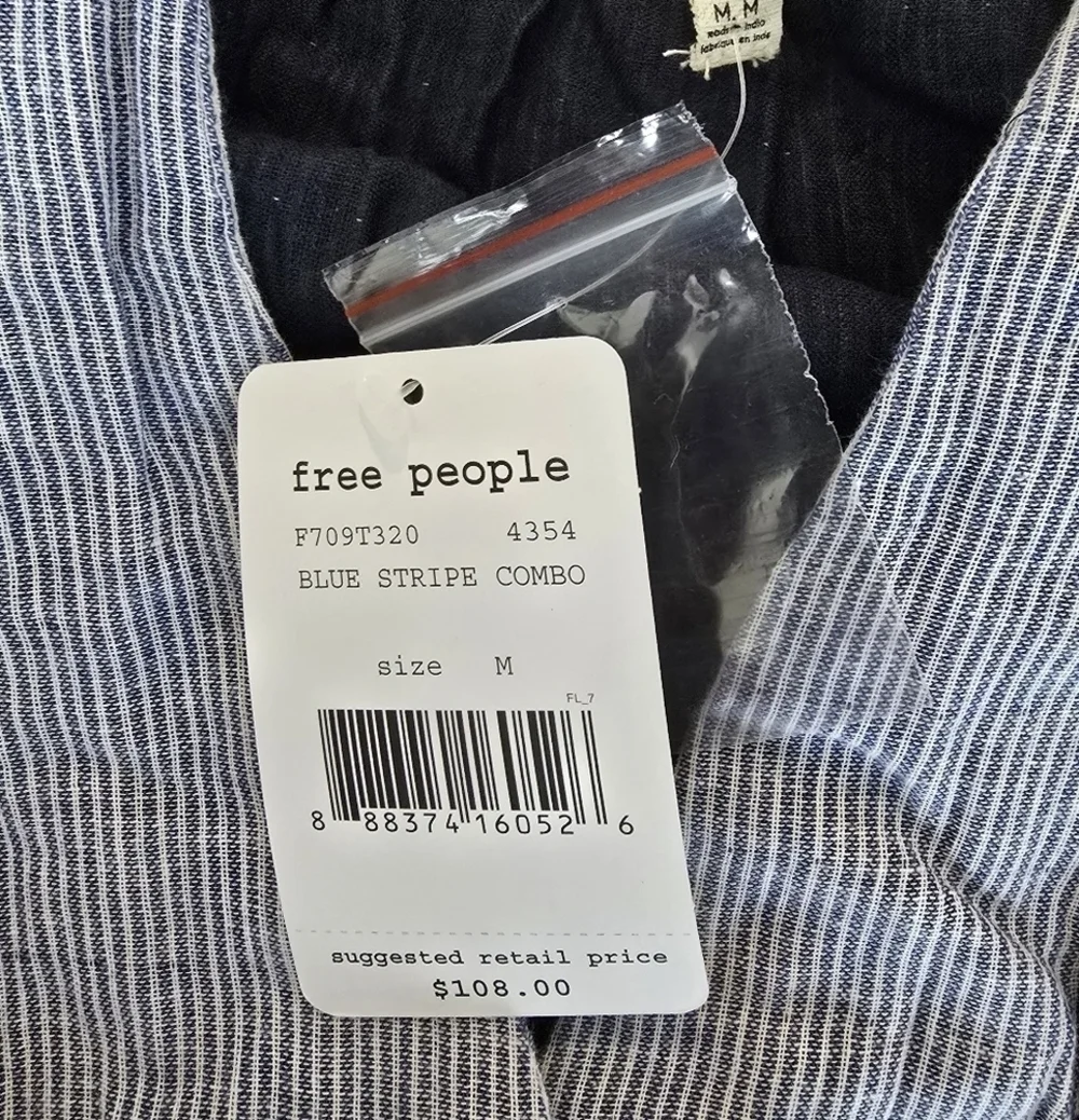 NWT Free People Blue Striped V-Neck Long Sleeve Women's Blouse Sz M.